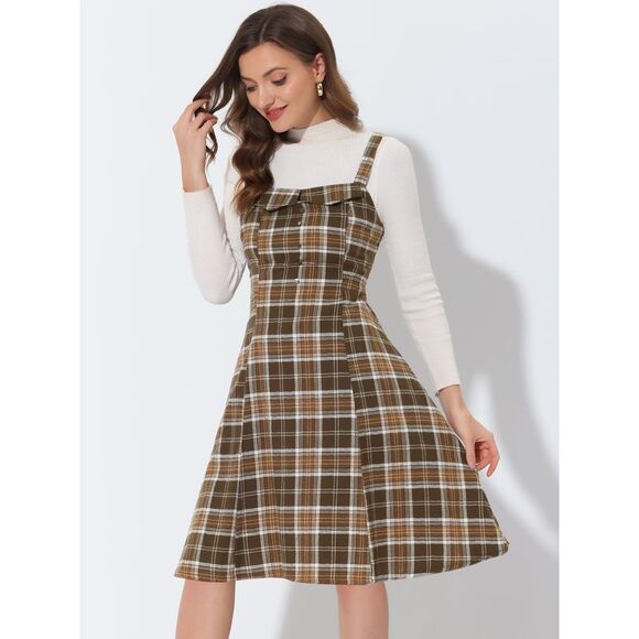 Plaid Vintage Sleeveless Tie Waist A-Line Overall Pinafore Dresses Brown - Picture 2 of 5